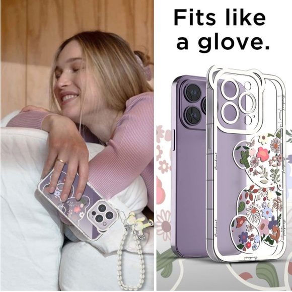 NEW🔥A1Case iPhone 14 Pro Protective Trendy Bear/Floral Clear With Wrist Strap - Picture 6 of 9